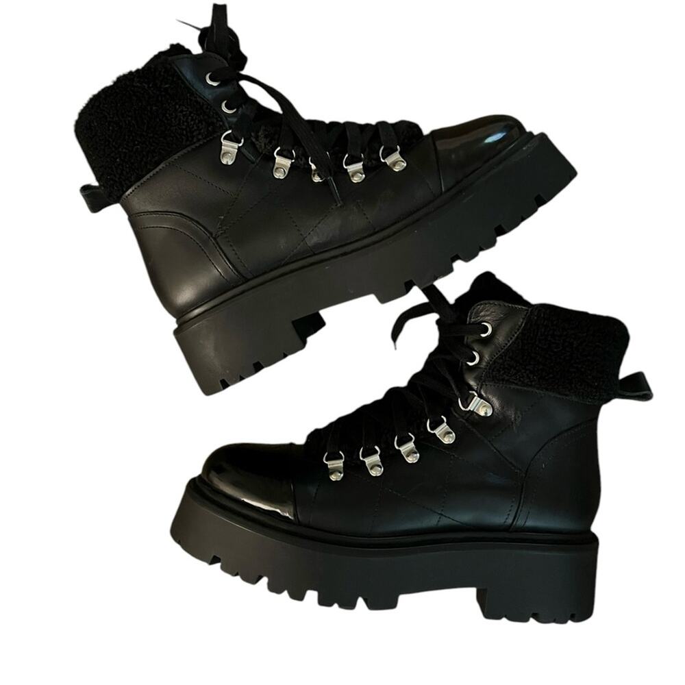 Steve Madden Black Lace-Up Platform Ankle Boots with Shearling Collar - Picture 3 of 7